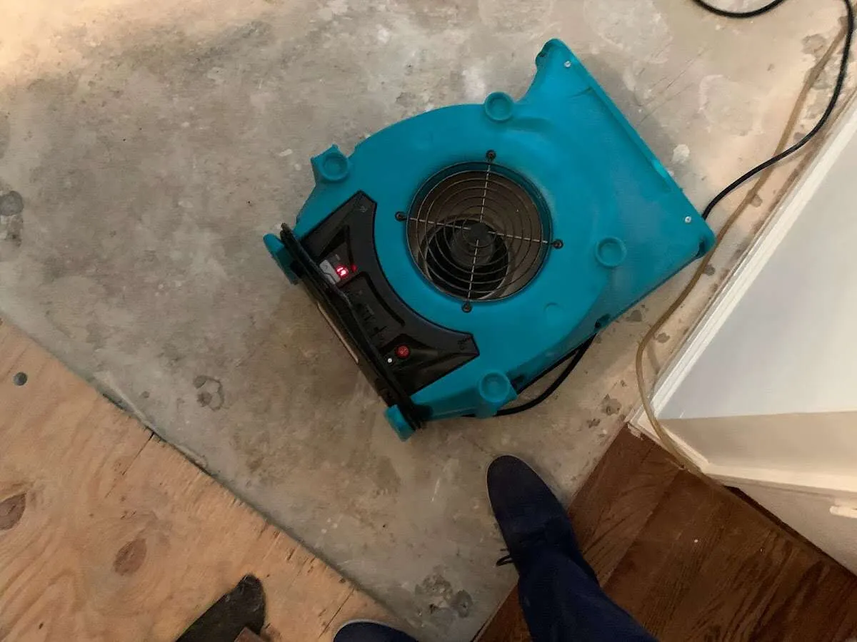 Air mover drying subfloor during Leak Detection & Repair in Plaistow